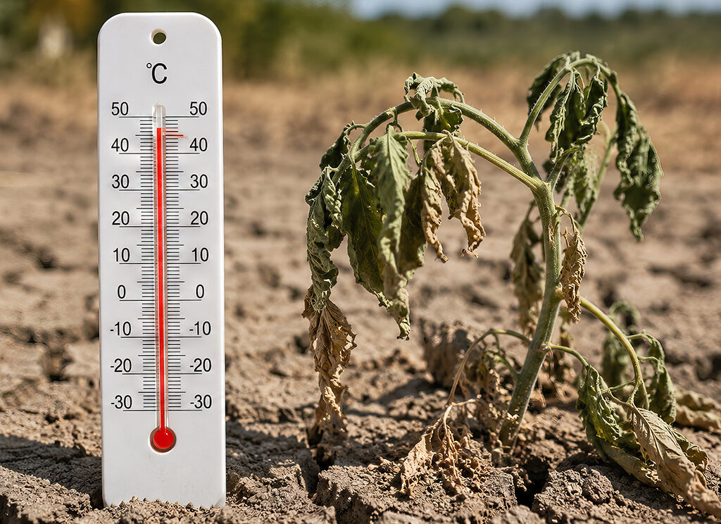 La photo montre un thermomètre avec une température de plus de 40 degrés reposant un sol à la terre sèche et craquelée.