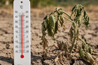 La photo montre un thermomètre avec une température de plus de 40 degrés reposant un sol à la terre sèche et craquelée.