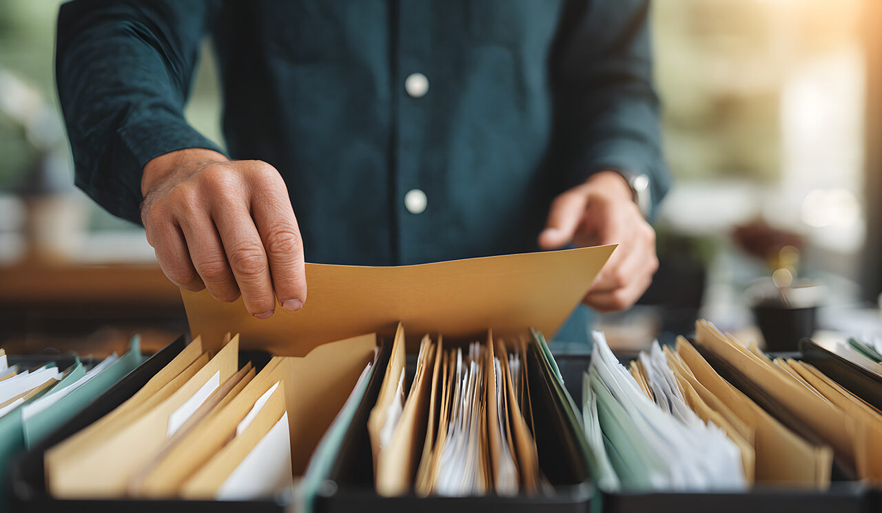 Des mains d'homme qui compulse un dossier papier